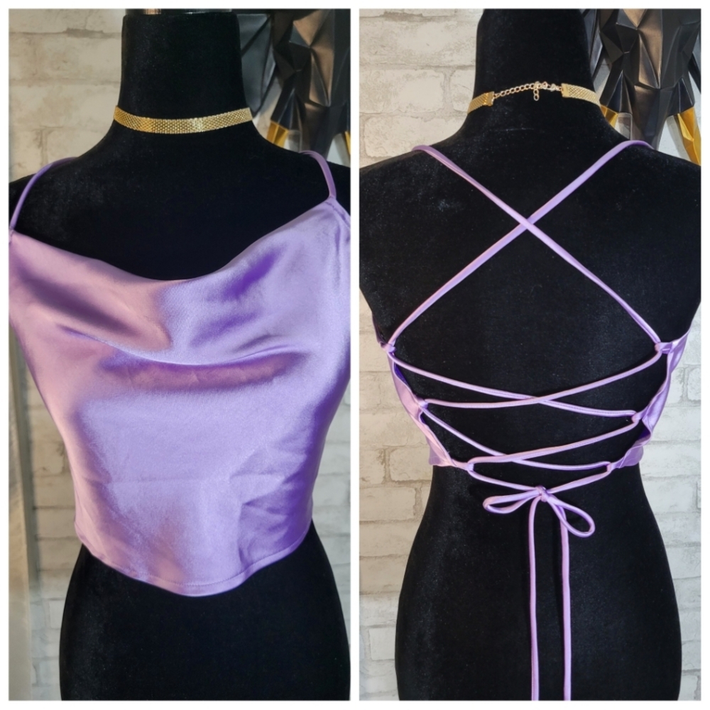 Purple/Lavender Satin Cowl Neck Cami Crop Top